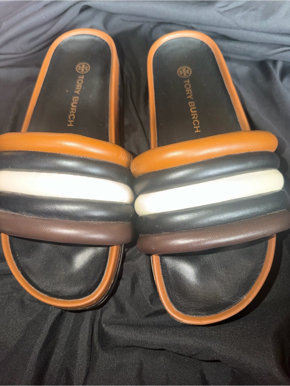 Tory Burch Quilted Nappa Leather Platform Slides Retro Stripe Sandals Women 8.5